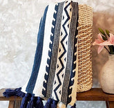 Navy Blue Tribal Pattern Raw Cotton Throw with Tassels | 140×200cm Boho-Inspired Woven Blanket